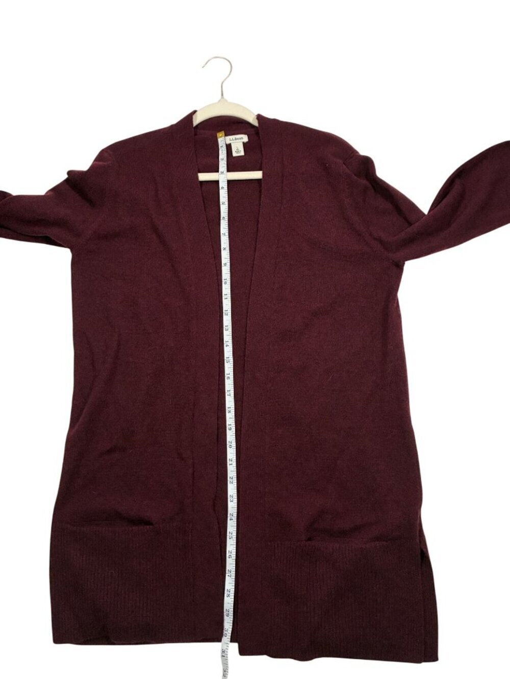 LL Bean Burgundy wine 100% Cashmere Open Front long line Cardigan Sweater Size L - Picture 8 of 9